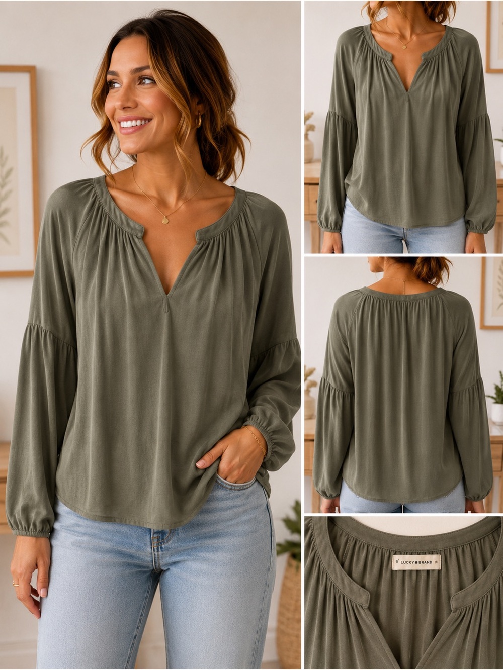 Lucky Brand Olive Green Split-Neck Peasant Blouse